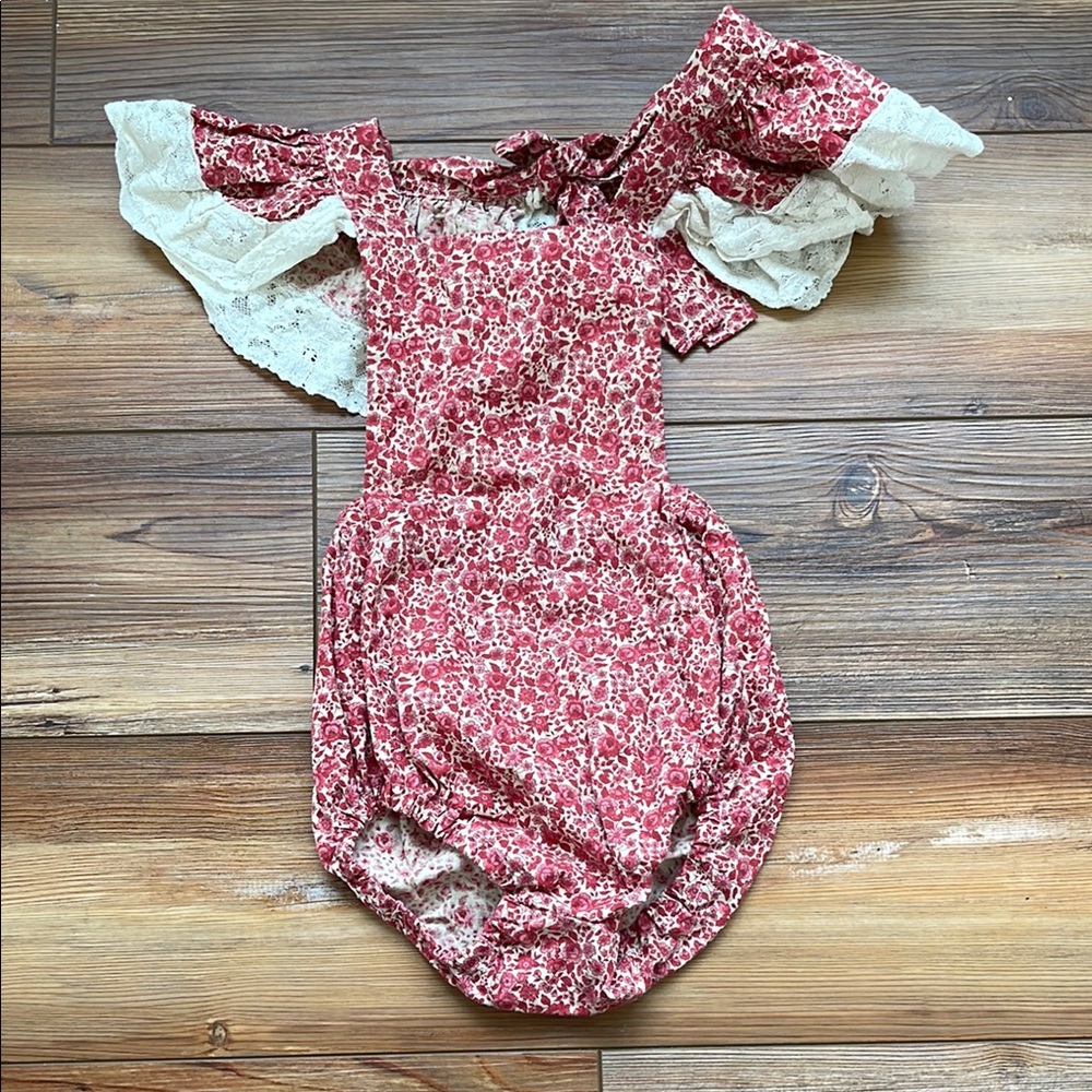 White and Pink Smocked Romper with Ruffled Sleeves